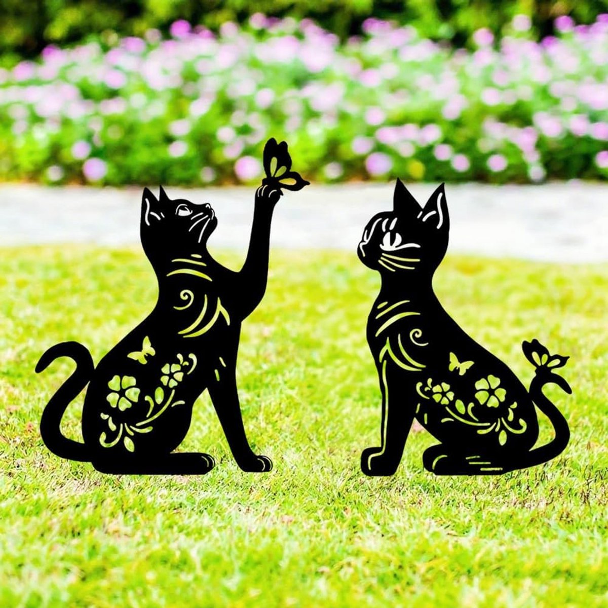 katten metalen tuinpalen decoratief, 2 stuks zwarte katten silhouet standbeelden, voor tuin, tuin, gazon buitendecoraties. Kattenliefhebbers geschenken.