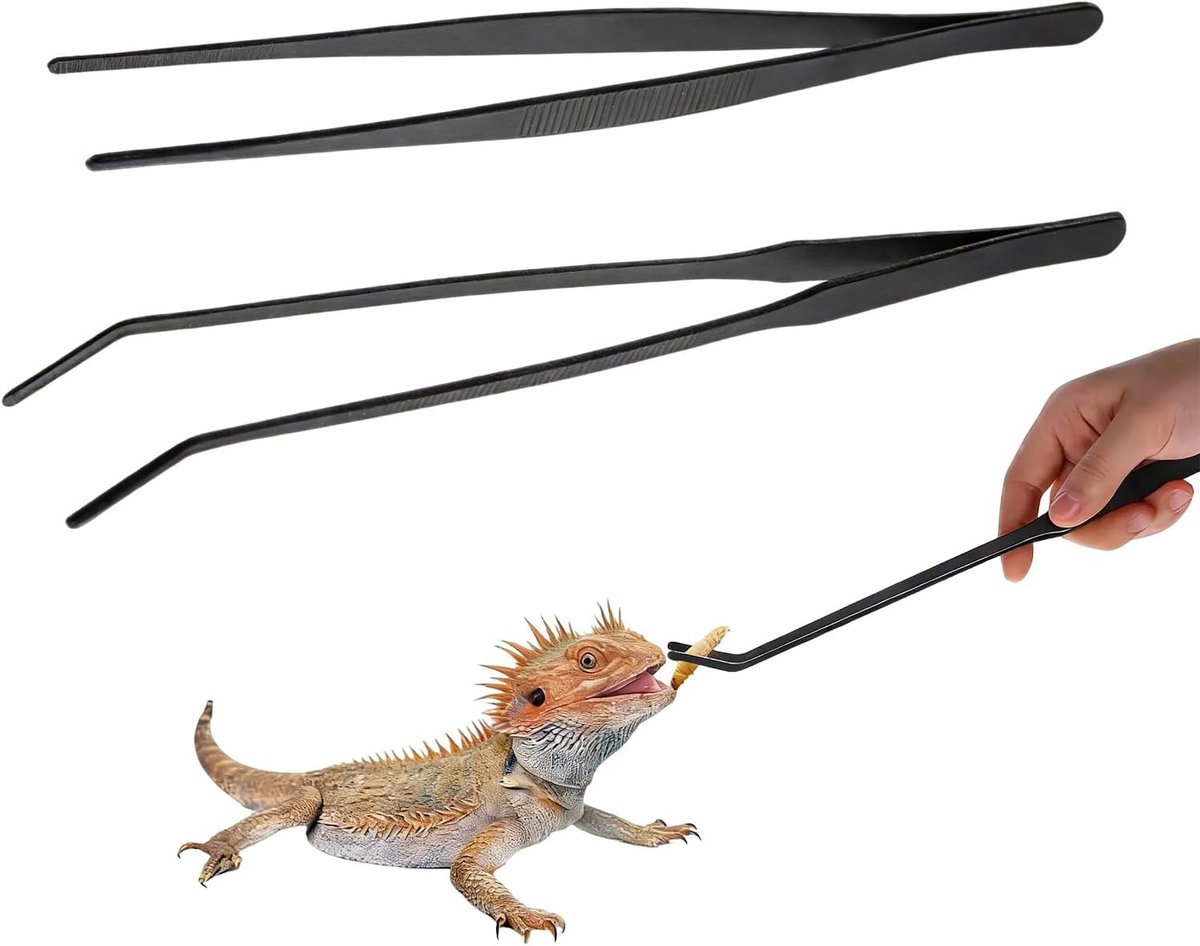 set 2 stuks – 25 cm rechte pincet & 27 cm gebogen pincet – lange voederpincet voor reptielen en aquariumplanten – roestvrij staal – zwart – precisie gereedschap voor vissen en terrarium