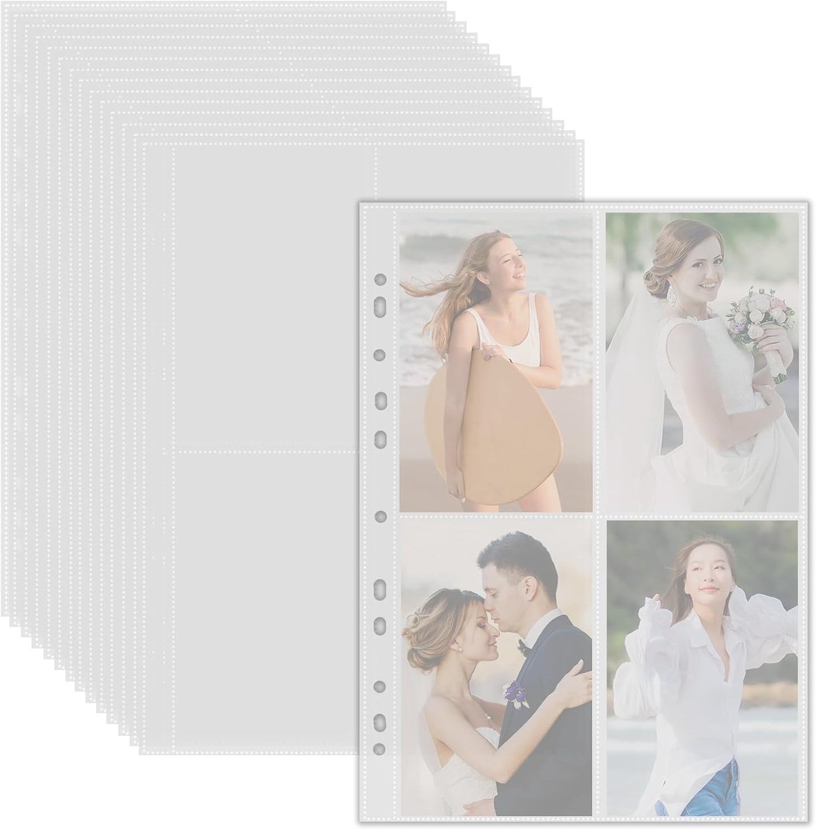 55 stuks A4 fotohoezen met 440 dubbelzijdige vakken, transparante ansichtkaarthoezen met 4 vakken, doorzichtige hoezen A4, top loading navulpagina's voor fotoalbums