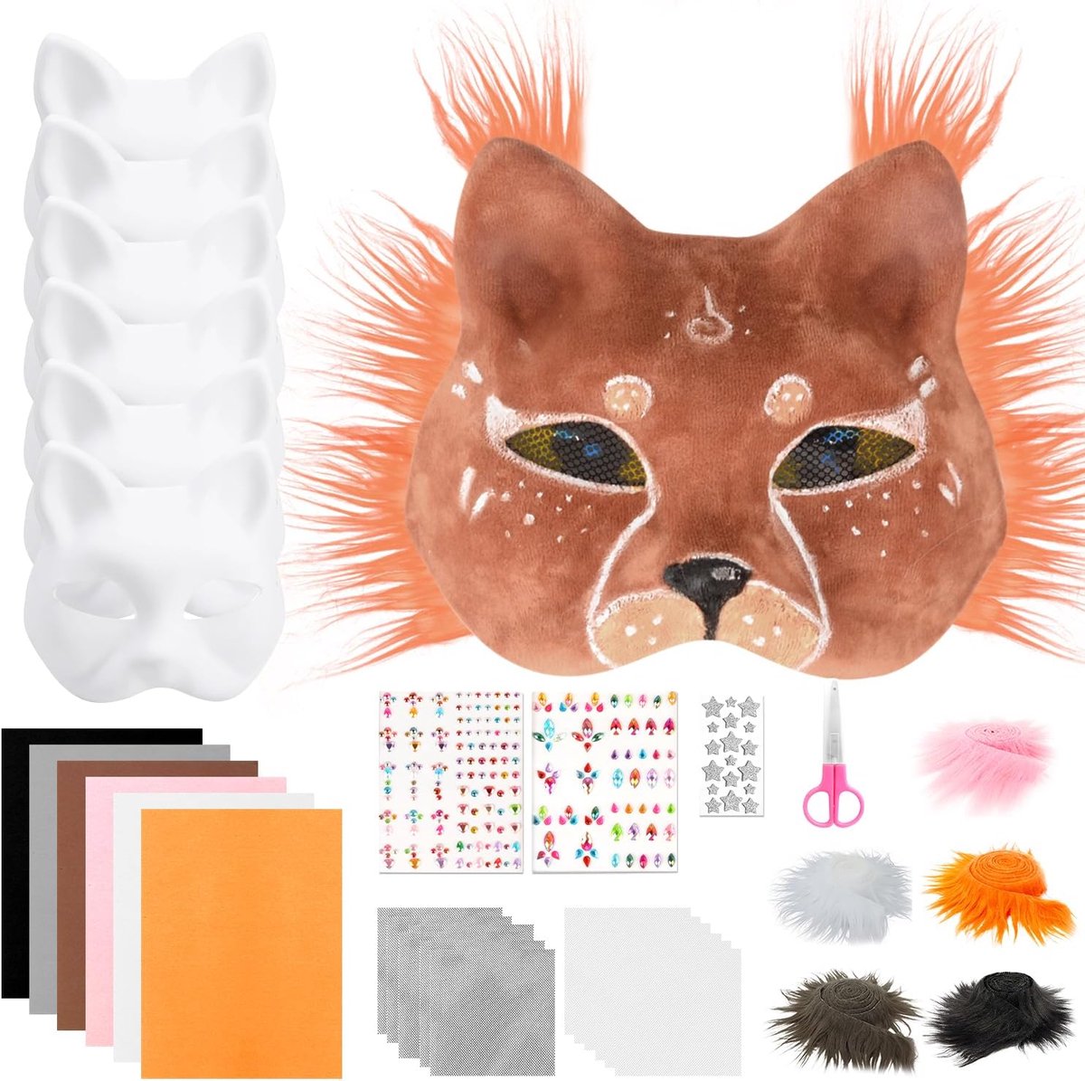 Maskerset, 34 stuks, doe-het-zelf kattenmaskers met zelfklevende viltvellen, ooggaas en diamantsticker voor kinderen en volwassenen, geschikt voor gemaskerd bal, feest