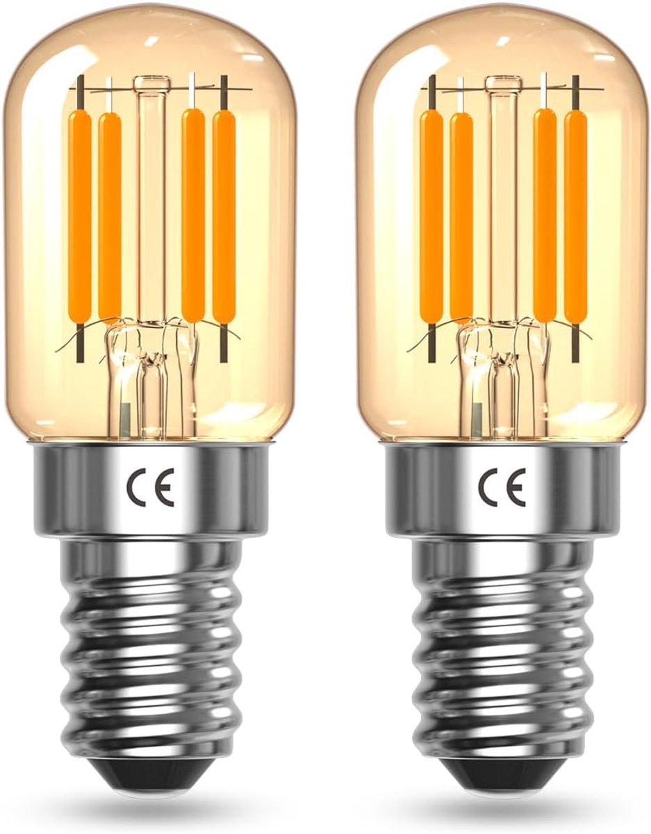 Vintage E14 LED-lamp 2W LED Gloeilampen, Amber Glas Zacht Warm Licht 2200K, SES Kleine Schroefbollen, T22 Tubulaire Glas Bol, 15W Equivalent, Niet-Dimmabel, 2 Pack