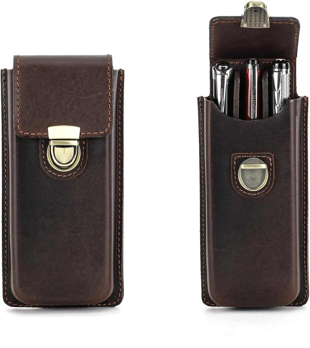FAMILY Lederen pennenetui, handgemaakte vulpen etui van echt leer, vintage pen opbergdoos geschenkdoos, 3 koffiestopcontacten, 16 x 7,6 x 2,5 cm, Pennenetui