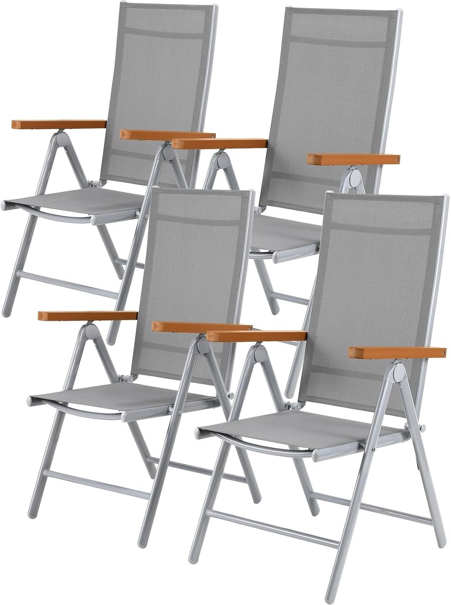 Aluminium tuinstoelen, set van 4, hoge rugleuning, inklapbaar met 7-voudig verstelbare rugleuning, teakbruin WPC armleuningen, balkonstoelen tot 120 kg, lichte campingstoelen, comfortabel