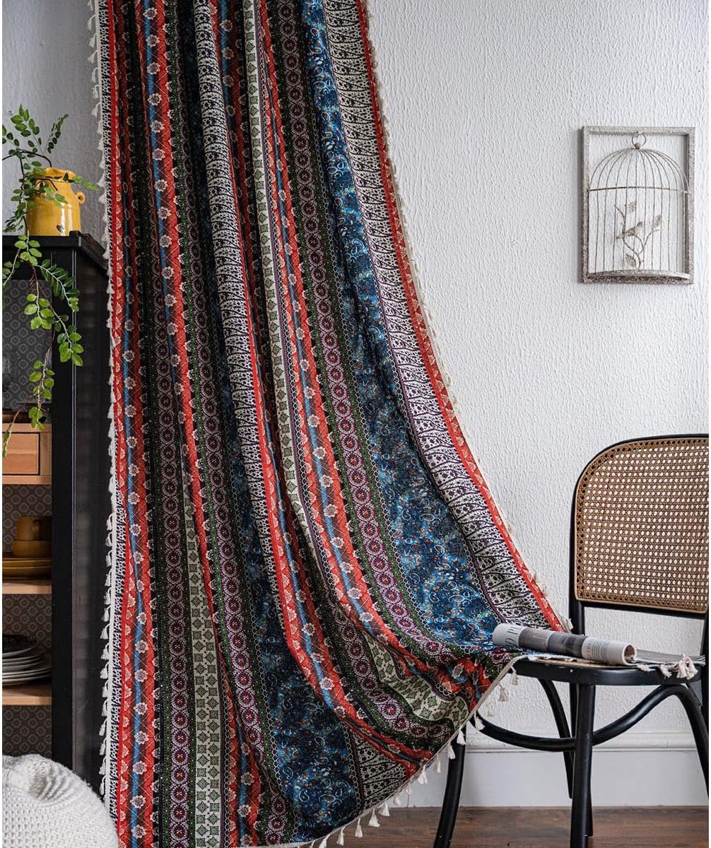 vintage gordijnen, half-transparant, etnische gordijnen, Boheemse linnenlook, rood, katoen, rustiek gordijn met kwast, roedezak voor slaapkamer, keuken, 1-delige set, B 150 x H 220 cm
