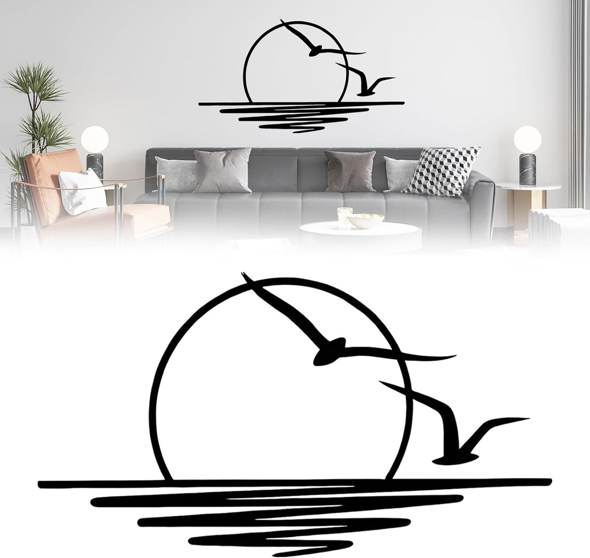 100 x 50 cm zwart metalen wanddecoratie, mooie muurkunst met meeuwen en zonsopgangspatroon, slaapkamerdecoratie, minimalistische lijnkunst, muurornament, hangend decor voor woonkamer