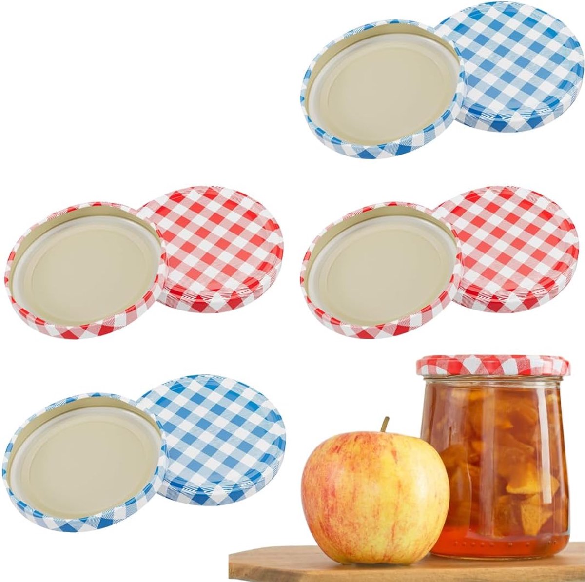 Deksels voor inmaakpotten, 82 mm, twist-off-deksel in rood en blauw geruit, luchtdicht, herbruikbaar, voor inmaken, jam en doe-het-zelf