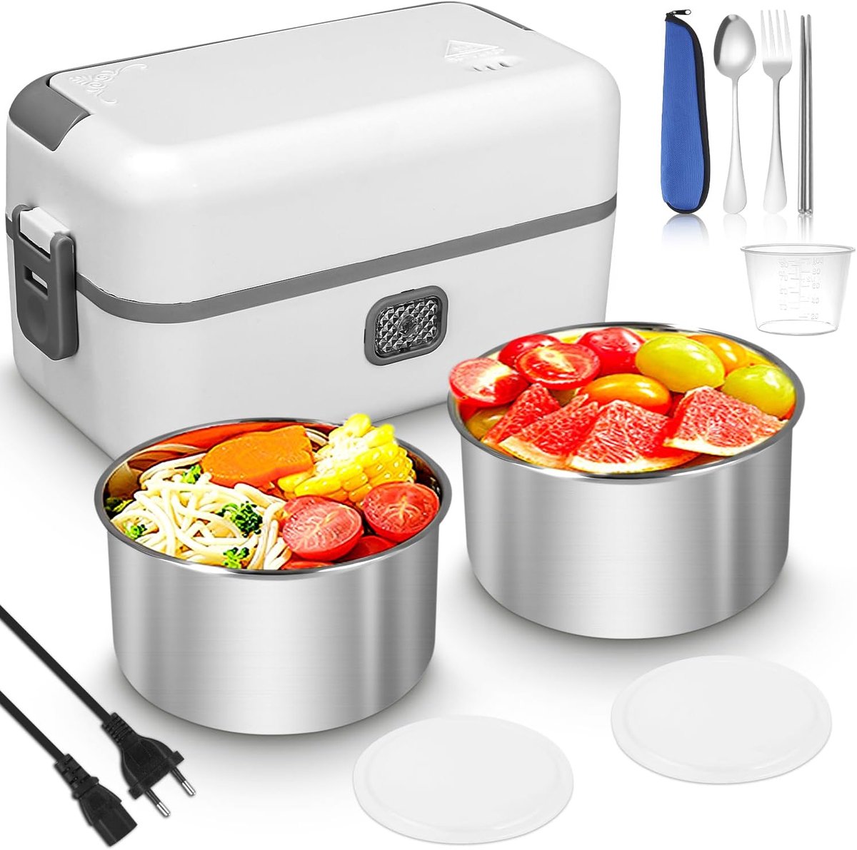 200 W verwarmde elektrische lunchbox met bestek en warmtetas, 220 V afneembare roestvrijstalen lunchbox, heatsbox voor kantoor, picknick, caravan