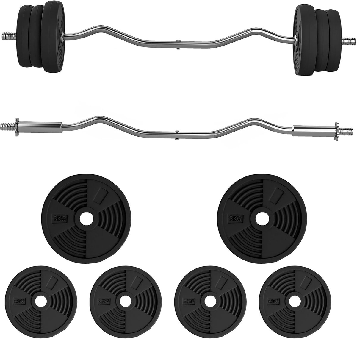 Halterset, 25 kg, totale halterstang met schijven, zwart | Gewicht 5 kg en 2,5 kg, lange stang, antislip handgreep, fitnessoefeningen, training thuis en in de sportschool