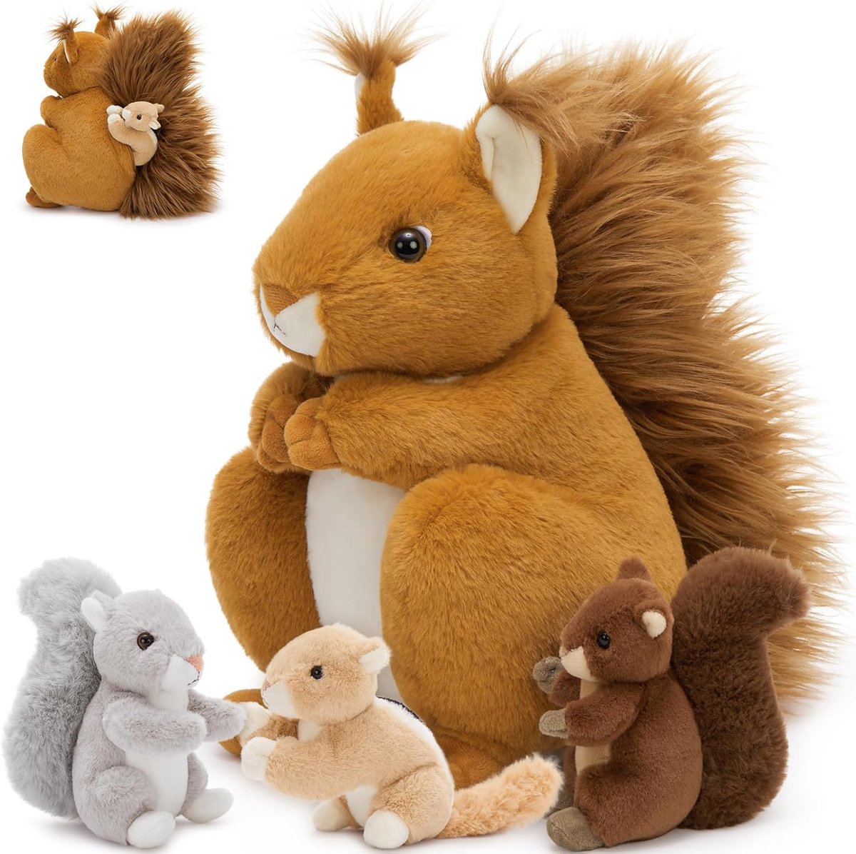 4 stuks eekhoornknuffel, XXL-set, 35 cm hoog, reuzeneekhoornknuffel, knuffeldier met baby's in de buik, groot pluche knuffeldier, cadeau voor kinderen
