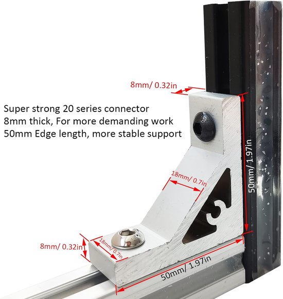 10 sets 90° hoek aluminium profiel hoeksteun scharnier connector voor 2020 serie inclusief 10 stuks hoekhouders, 20 stuks M6 T-moeren, 20 stuks M6 x 14 mm zeskantschroef voor — afbeelding 3