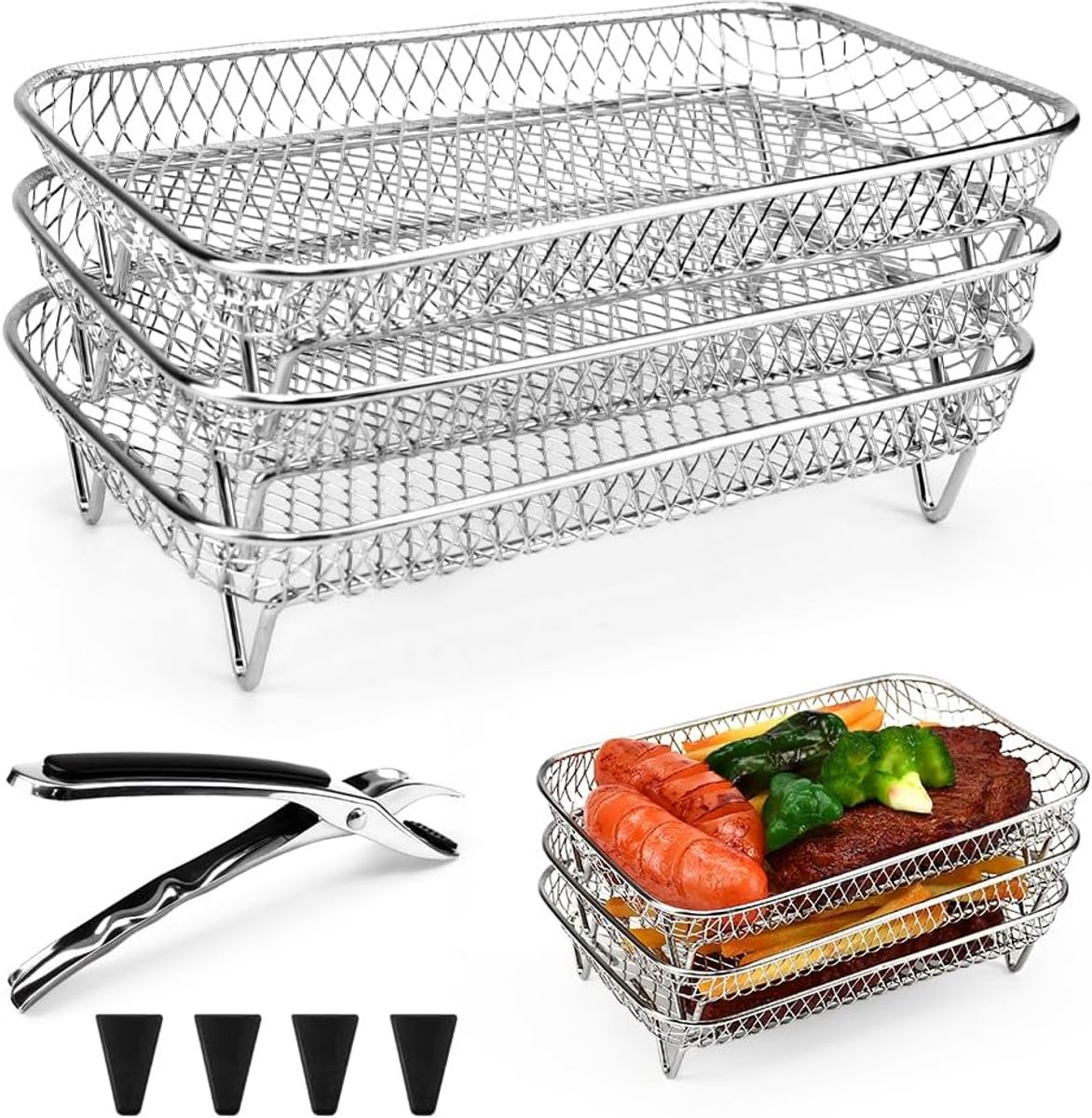 3 stuks 304 roestvrij stalen airfryer-rekken stapelbare airfryer-rekken heteluchtfriteuse-rekken airfryer tray grillrooster rek voor airfryers accessoires