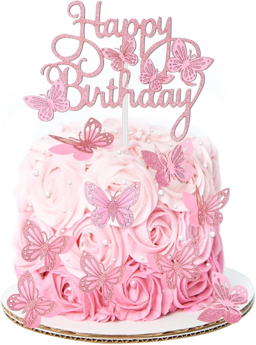 13 stuks Happy Birthday Cake Topper Roze Vlinder Verjaardagstaart Toppers Mooie Glitter Vlinder Feestbenodigdheden Cupcake Toppers Geschikt voor Verjaardag Vieringen