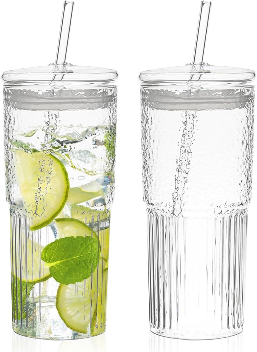 bekers met deksel en rietje, 2 stuks 600 ml glazen met deksel, glazen pot met deksel en rietje, glazen beker met rietje voor bier, frisdrankencocktails
