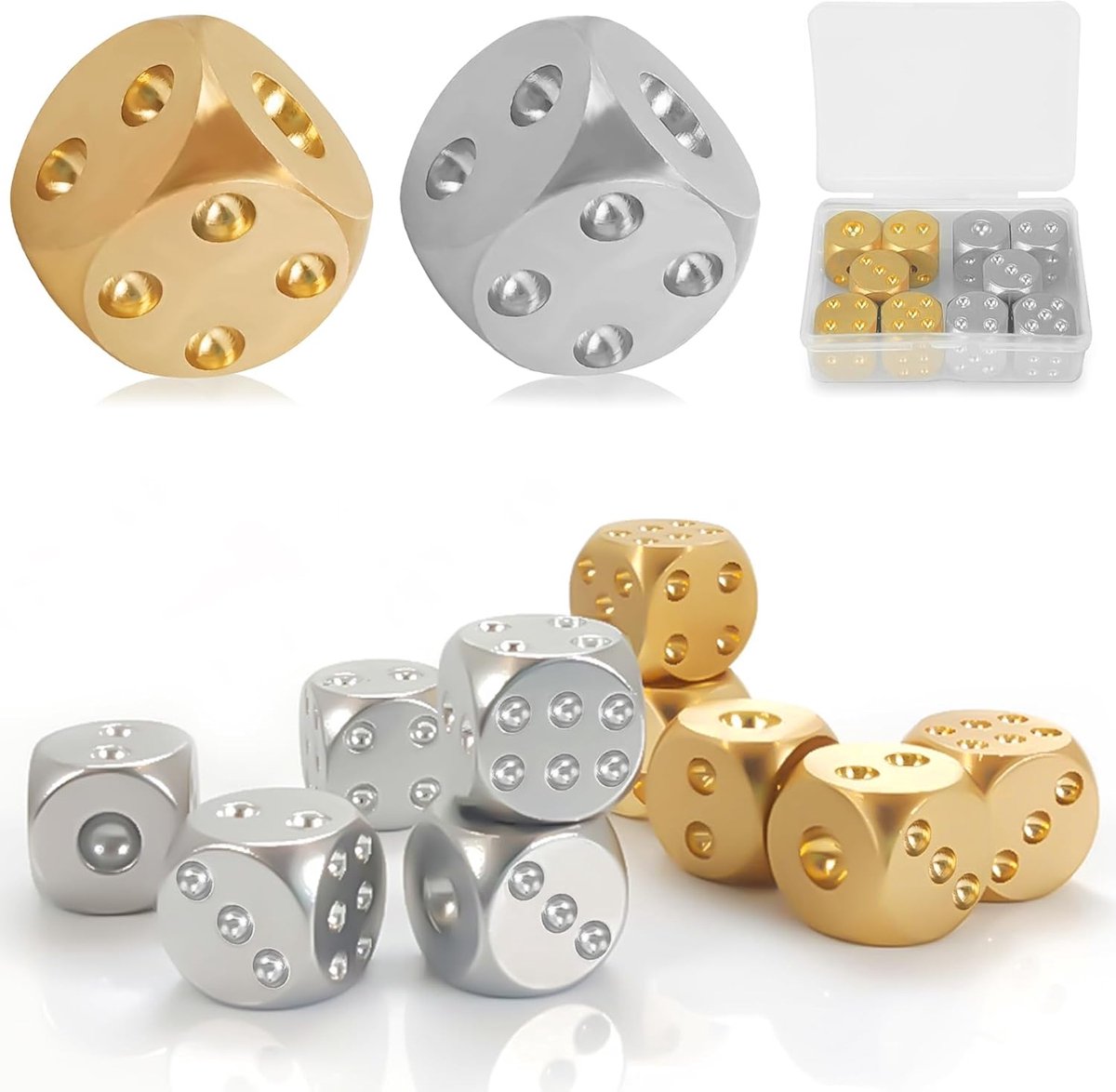 10 stuks metalen dobbelstenen sets, aluminium/koper dobbelstenen, zeszijdige dobbelstenen spelkubussen, standaard D6 ronde hoek dobbelstenen, 15 mm (goud, zilver)