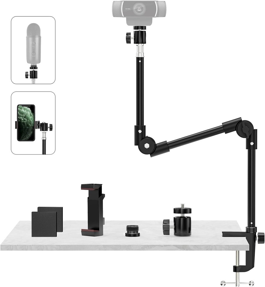 Webcamhouder, camerahouder 55,1 cm, webcamstandaard met telefoonhouder en 5/8 inch huls, lichtstatiefklem 360° zwanenhals voor Logitech C922 C930e C920 C925e C615 Brio 4K, GoPro Hero Blue Yeti