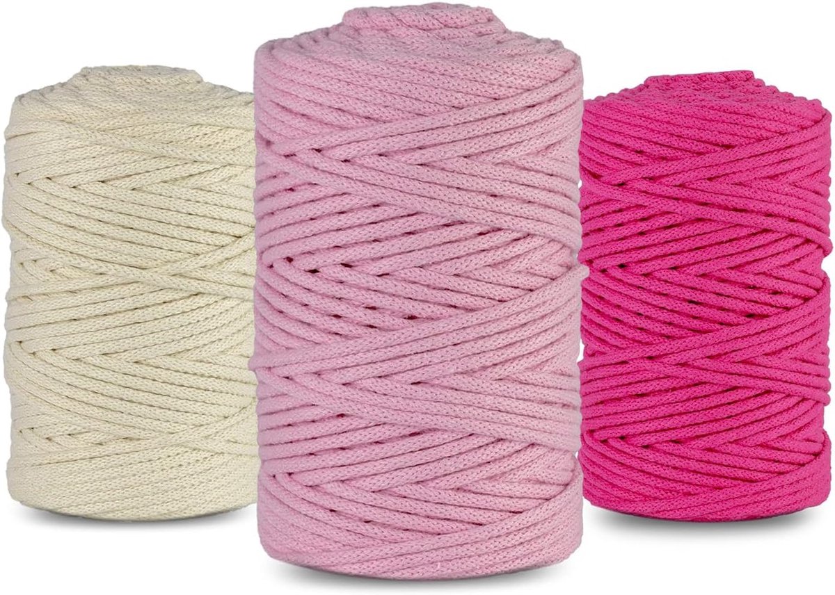 Macramégaren, 5 mm, 100 m, set van 3 katoenen garen, ivoor, roze fuchsia, textielgaren, koord, natuurlijk katoen, garen voor macramé, zakgaren, decoratief koord, gevlochten koord, katoenen