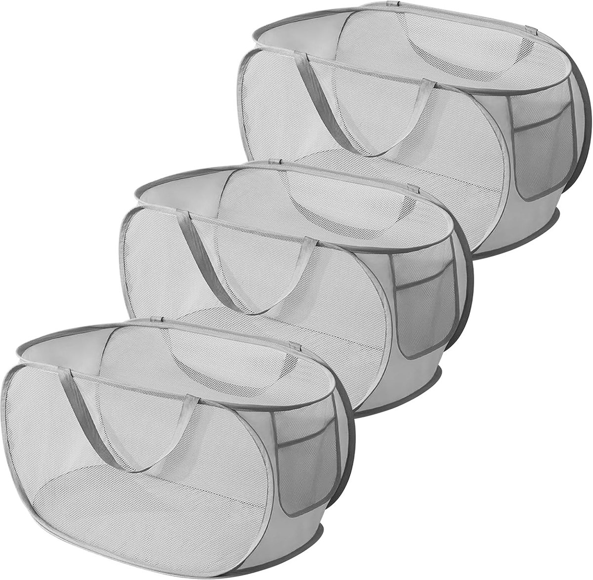 Pop-up wasmand, 3 stuks, opvouwbaar, 36 x 36 x 58 cm, inklapbaar met handvat, draagbaar van mesh, voor badkamer, slaapzaal, reizen (grijs)