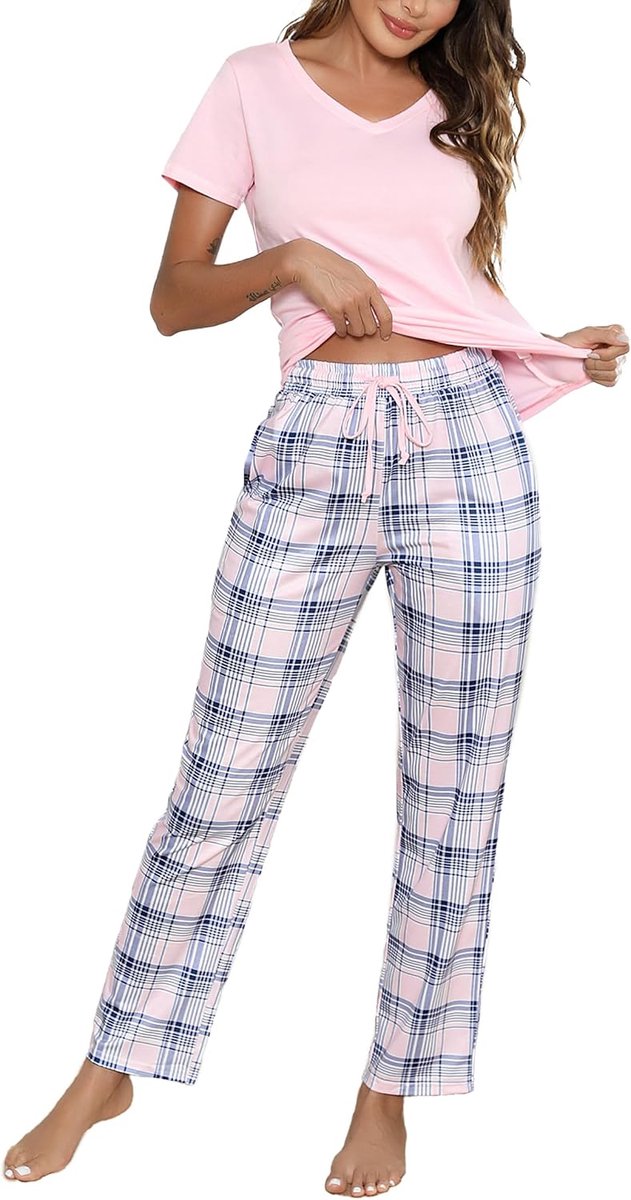 Damespyjama-set met korte mouwen, katoenen pyjama, loungewear, zachte nachtkleding, nachtkleding, set met zakken