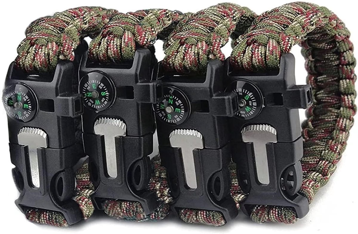 4 x paracord overlevingsarmband. De groene camouflagekleur van de paraplu wordt gebruikt om buiten te overleven en te overleven.