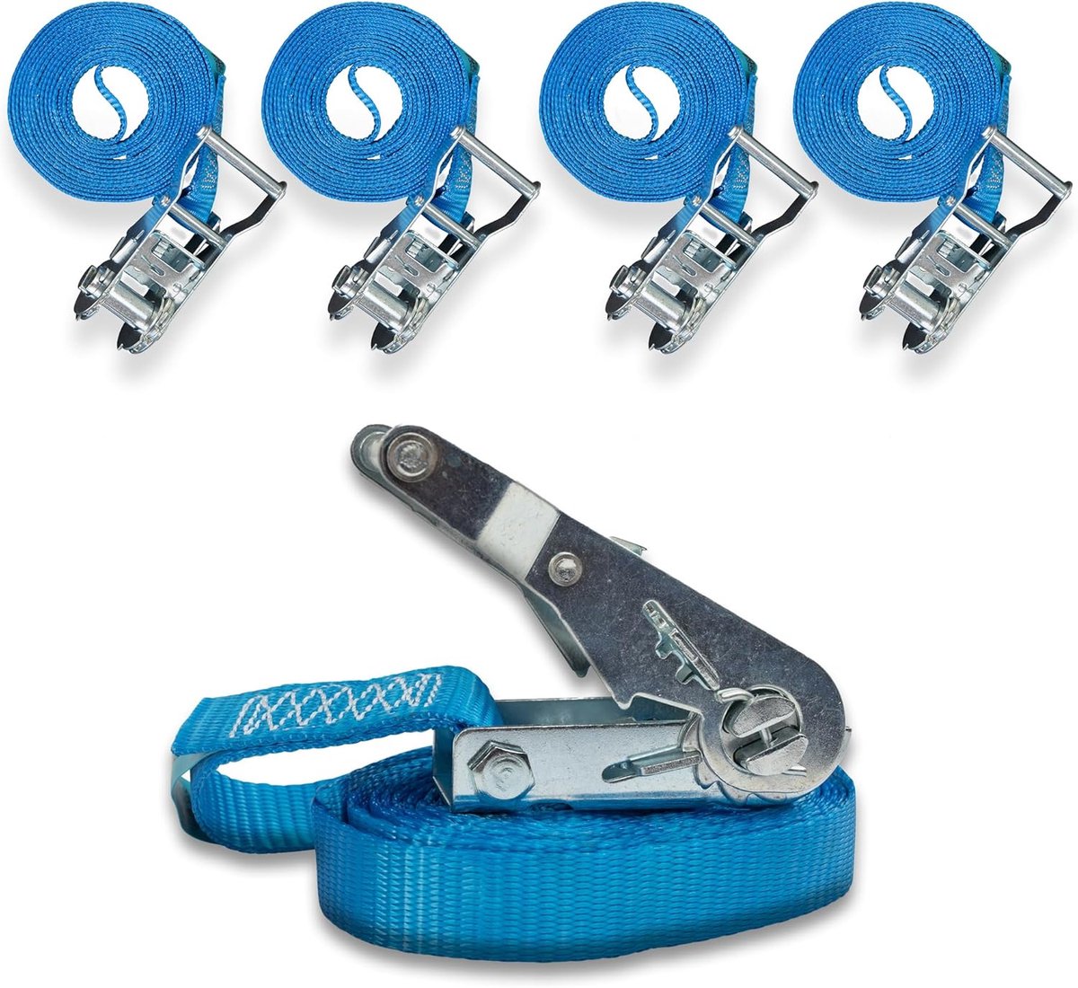 Spanbanden met stabiele drukratel, eendelig, om te snoeren, belastbaar tot 1000 kg, 25 mm breed x 6 m lang, blauw
