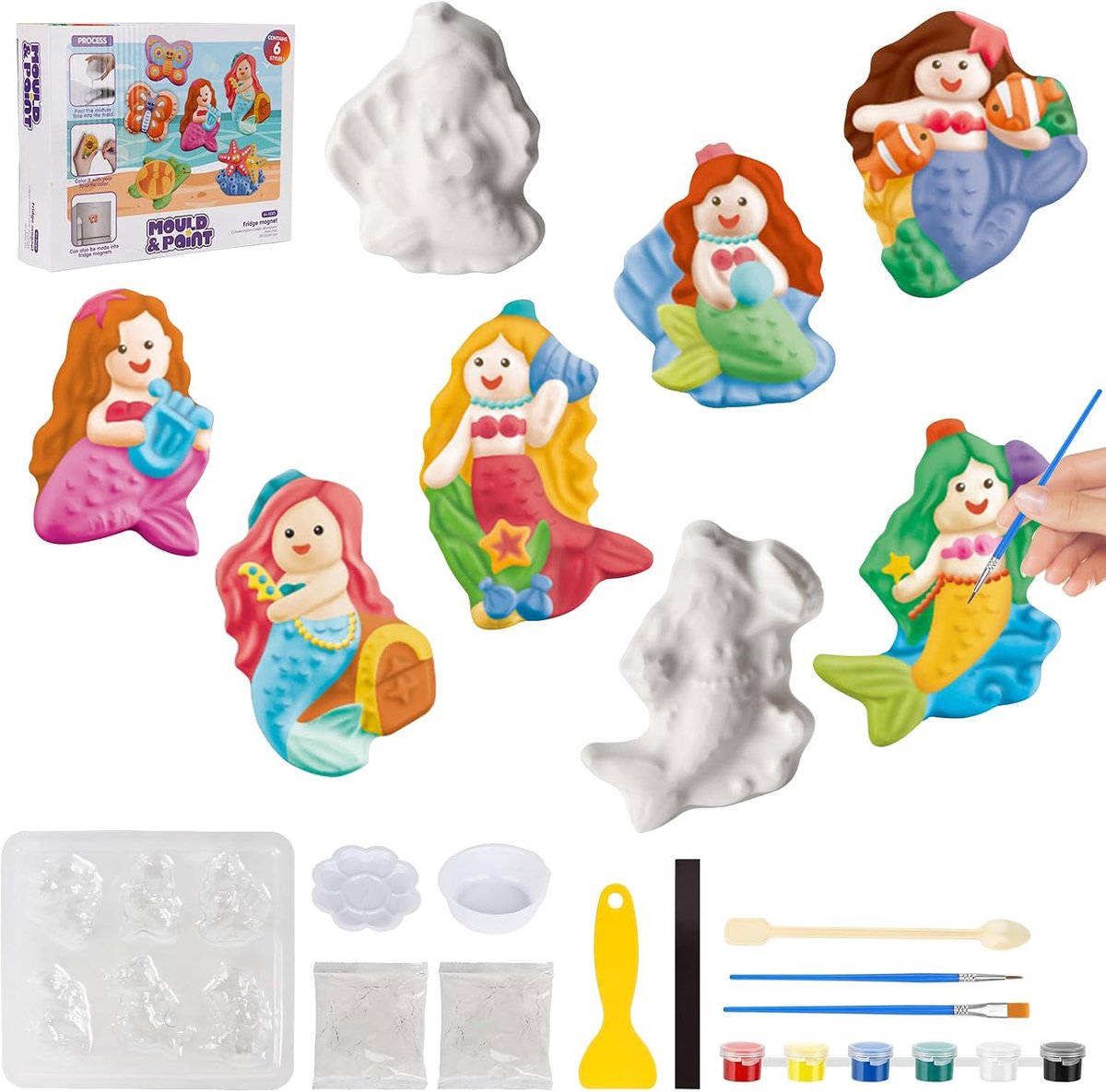 Gipsgieten voor kinderen, zeemeermin gipsgietset, 6 patronen zeemeermin knutselset voor kinderen, zeemeermin gipsfiguren om te gieten & schilderen, creatief DIY speelgoed vanaf 6 jaar