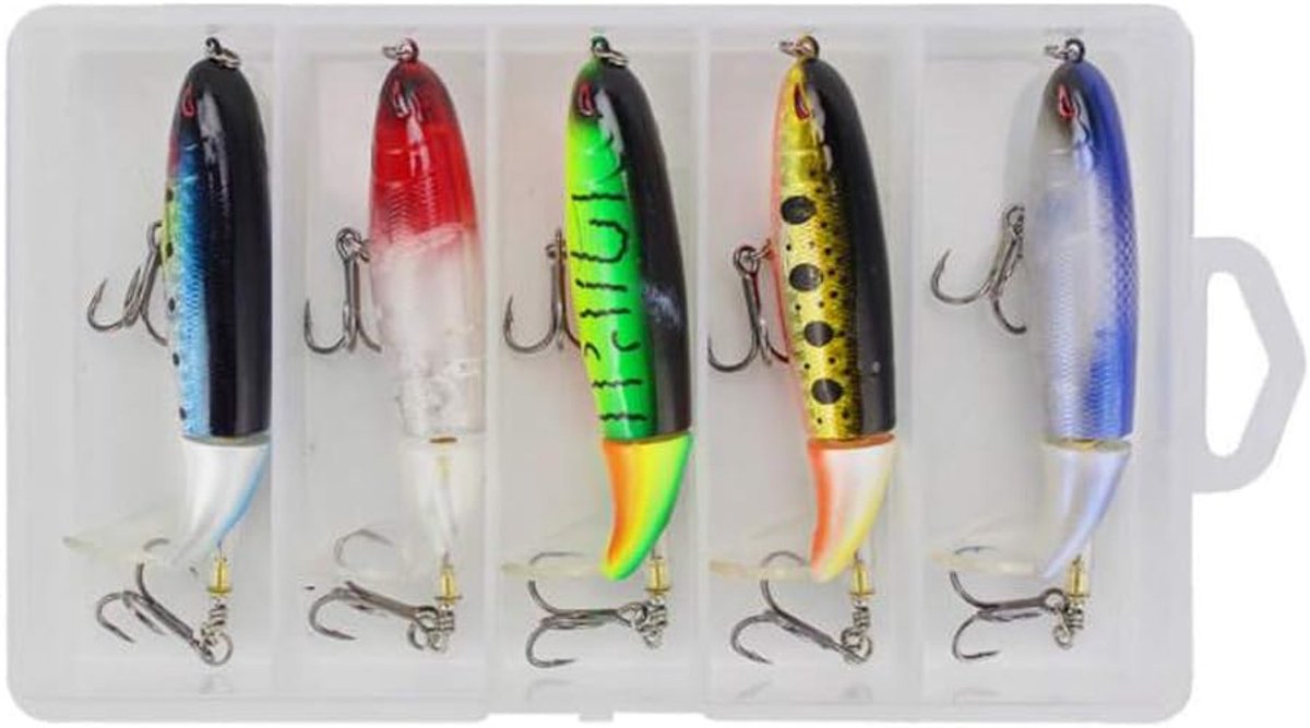 Set van 5 kunstaas, 3,5 inch/13 g met roterende spins-staart voor bas, forel, snoekbaars, snoek en muskusachtig topwater, drijvend hard aas, swimbaits met hoge haken