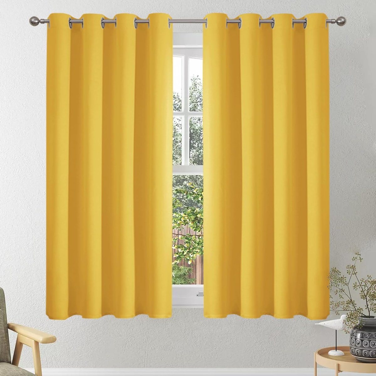 gordijnen met inslagringen, thermogordijn, hittebescherming, ondoorzichtige gordijnen, verduistering woonkamer, 137 x 140 cm (h x b), mosterdgeel, set van 2