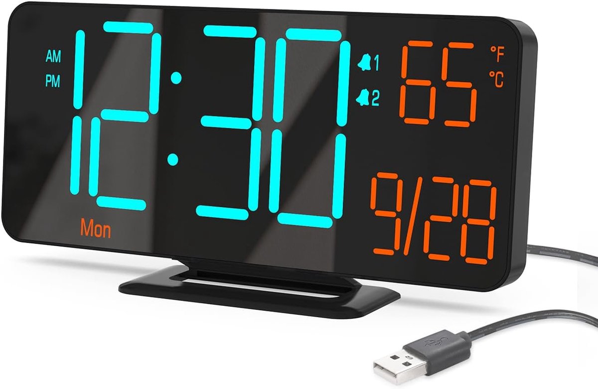 - Wekker voor slaapkamer, 17 cm, zwart, klein, digitaal, computerwekker met automatische dimming, seconden, weekdag, binnentemperatuur