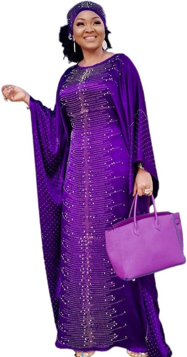 African Dress for Women Bead Purple Gown Rhinestone Kaftan Maxi Dress One Size Fit All