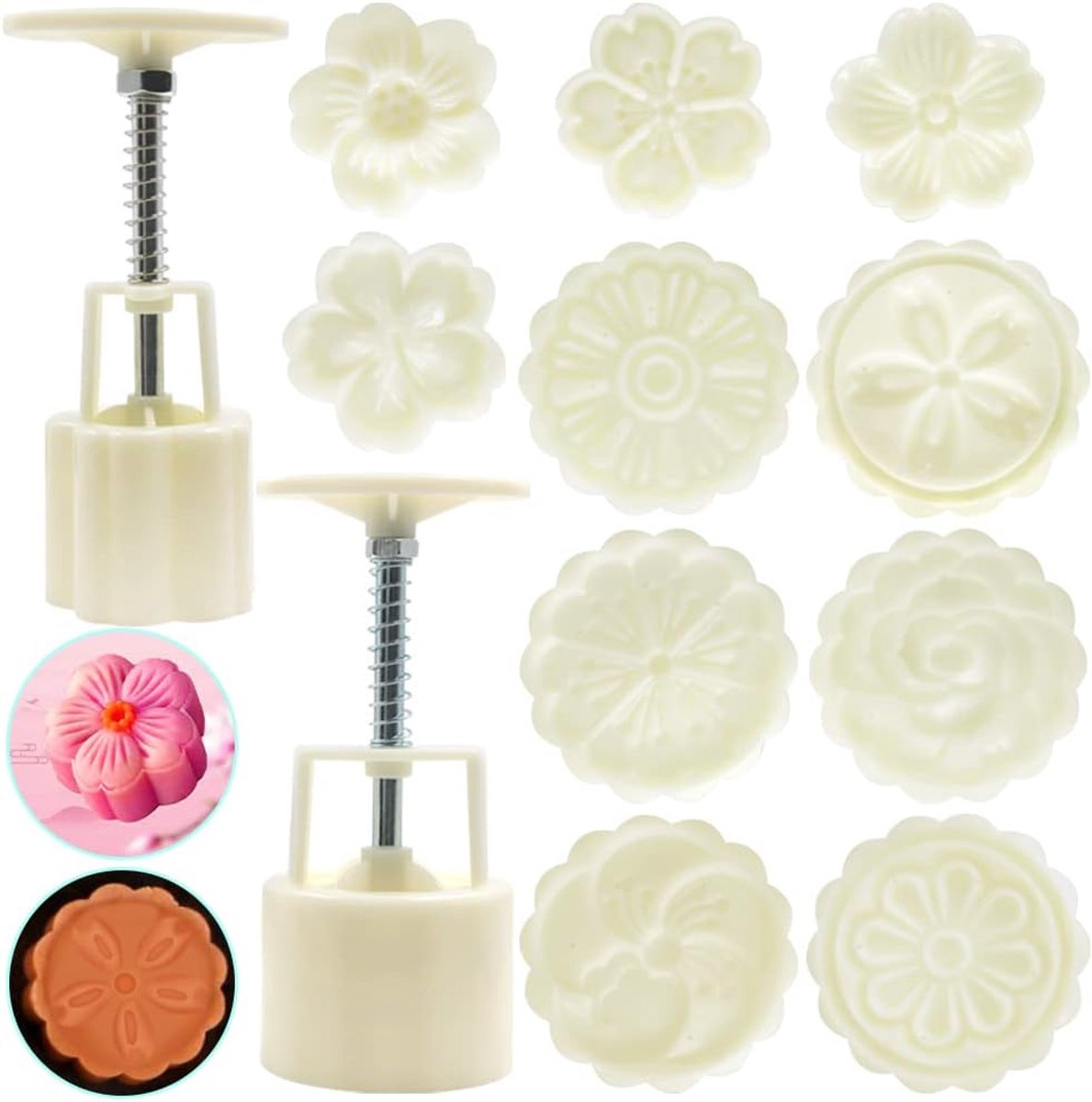 2 Set Maancake Vorm Pers met 10 Postzegels, Ronde Kersenbloesem Mooncake Mould Dessert Decoratie voor DIY Cookie Handdruk Mooncake Bakken Gereedschap (50g, 75g)