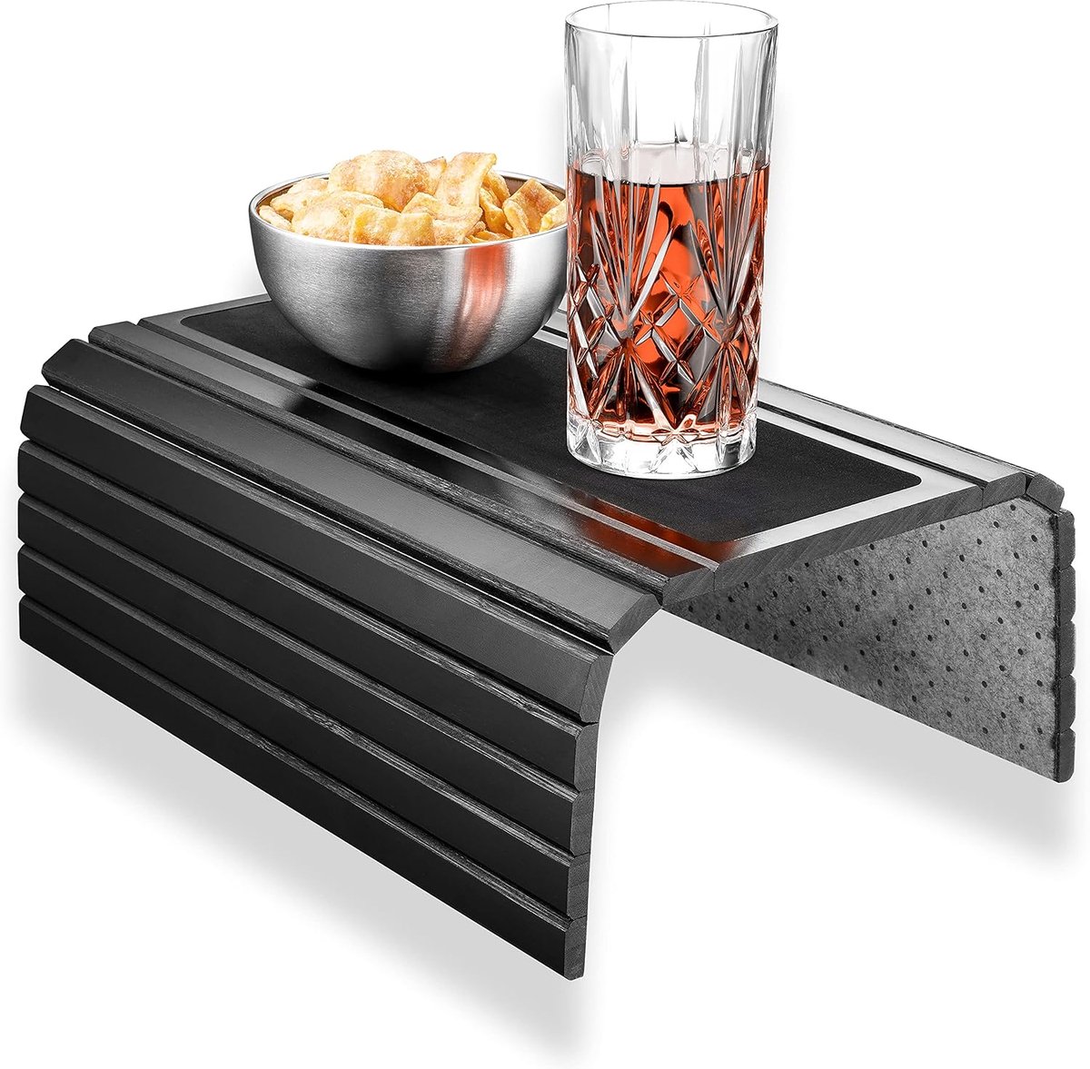 Sofa dienblad, antislip bankplank van duurzaam bamboe, flexibele bank-butler voor de armleuningen met geïntegreerde antislippad, modern dienblad, bekerhouder in zwart