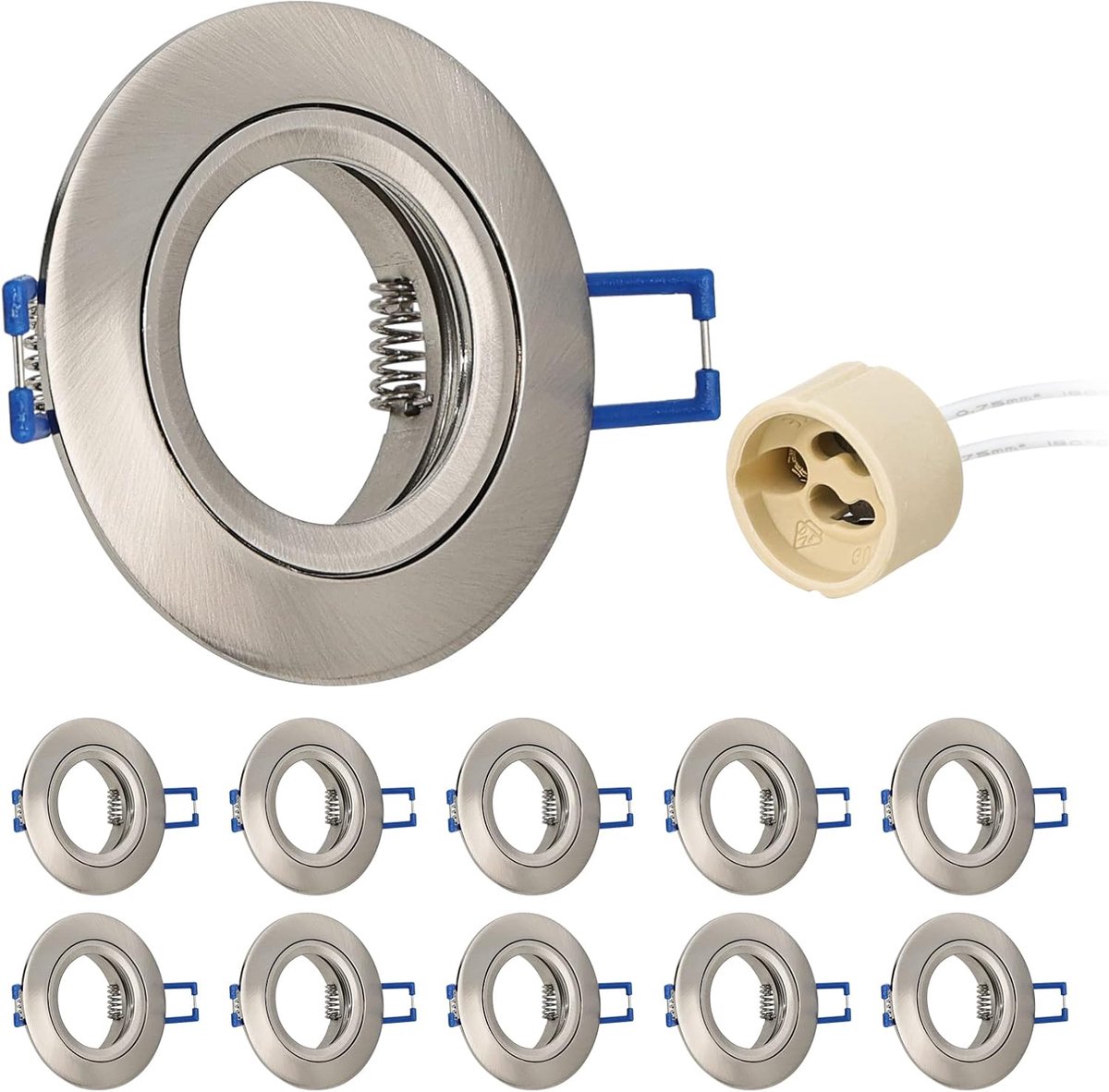 10 x GU10 inbouwspot, aluminium, nikkel, led-inbouwspot, plafondspots, frame met GU10-fitting, rond, extra platte houder voor led- of halogeenlampen, montagegat ø60-70 mm