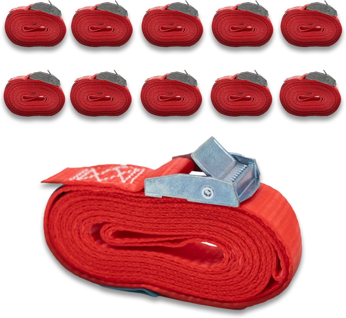 Spanbanden met riemklem, eendelig, belastbaar tot 250 kg, 25 mm breed x 4 m lang, rood, voor imperiaal en omsnoeringen