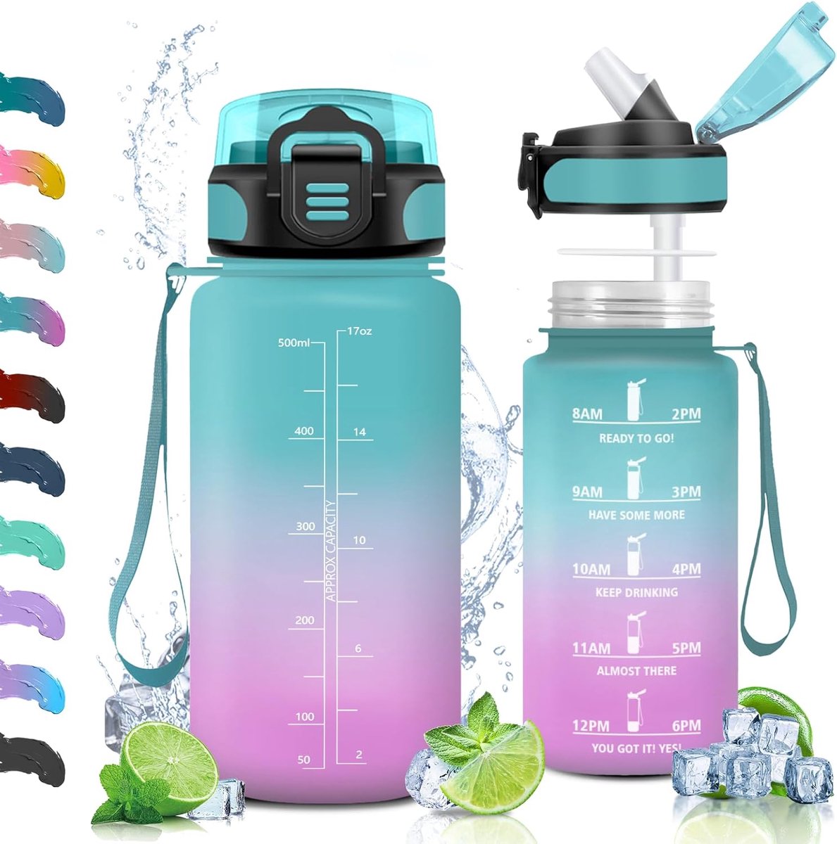 Drinkfles met rietje, 0,5 l, lekvrij, BPA-vrij, sportfles voor school, camping, yoga, gym, outdoor