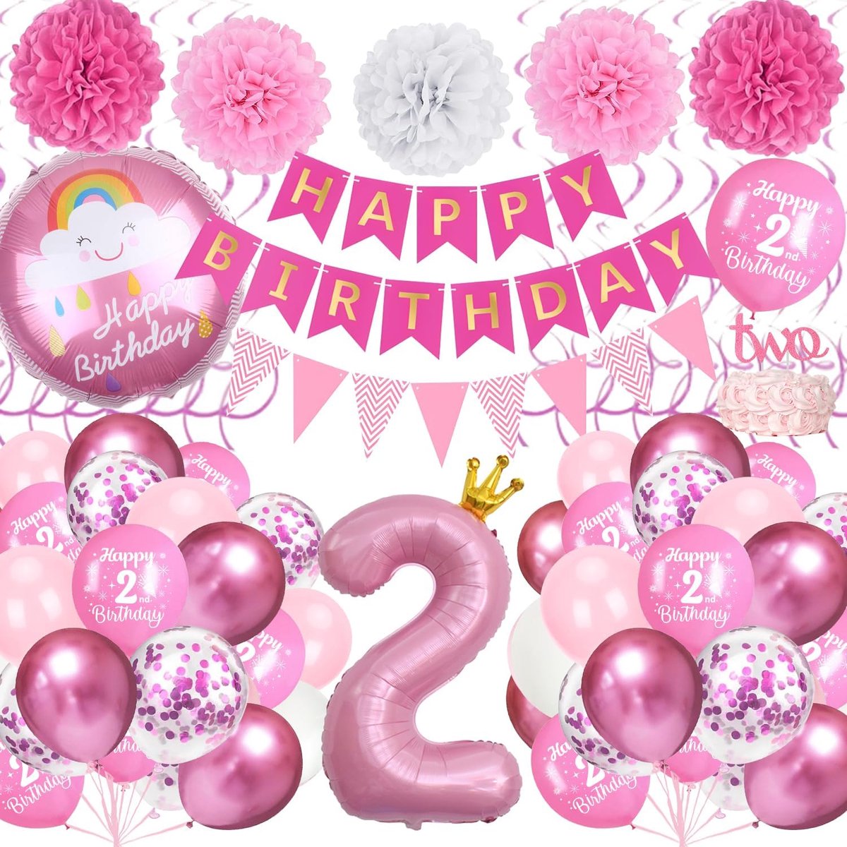 2e Verjaardagsdecoraties Voor Meisjes - Roze Happy Birthday-ballonnenset Met Folieballon Nummer 2, Banner, Pastelballonnen Voor 2-jarige Meisjes