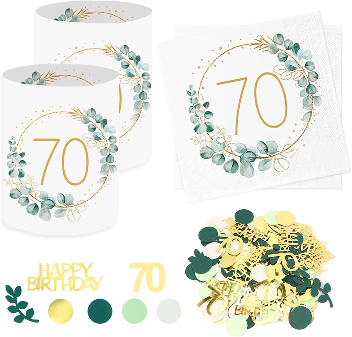 20 stuks 70e verjaardag decoratie servetten + 12 stuks windlicht tafeldecoratie 70e verjaardag + eucalyptus confetti tafeldecoratie groene decoratie 70 vrouw, geschenken voor 70e vrouw man