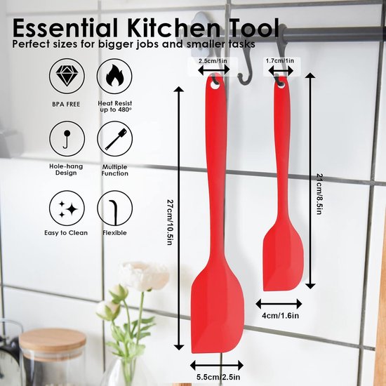 spatel set 2 stuks hittebestendige rubberen spatel voor non-stick kookgerei BPA-vrij (Rood) — afbeelding 3