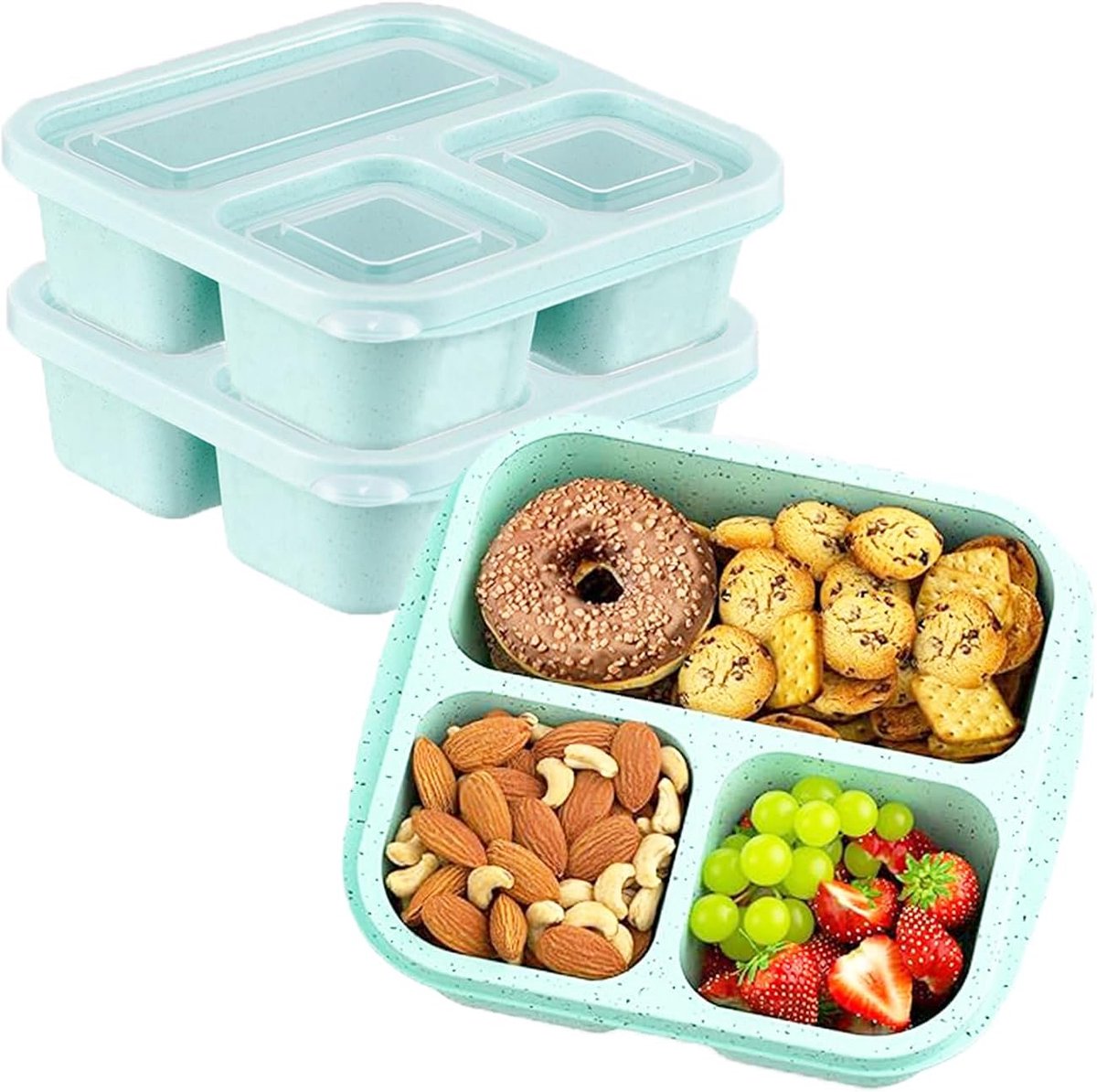 Snackdozen met vakken, 3 compartimenten bento-lunchdozen, de snackbox is geschikt voor magnetrons en vaatwassers, voor school, werk, picknick (Groen)