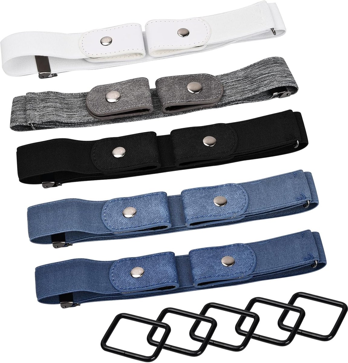 5 Stuks Elastische Riem Zonder Gesp - Onzichtbare, Verstelbare Stretchriem Voor Dames En Heren - Geschikt Voor Jeans, Broek, Jurk - Wit, Blauw, Donkerblauw, Zwart, Grijs