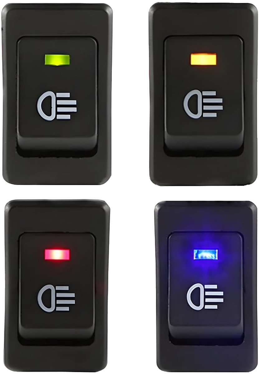 4 stuks auto motorfiets mistlicht tuimelschakelaar, aan/uit tuimelschakelaar voor auto, 4 pinnen aan/uit led, tuimelschakelaar, rood/geel/blauw/groen