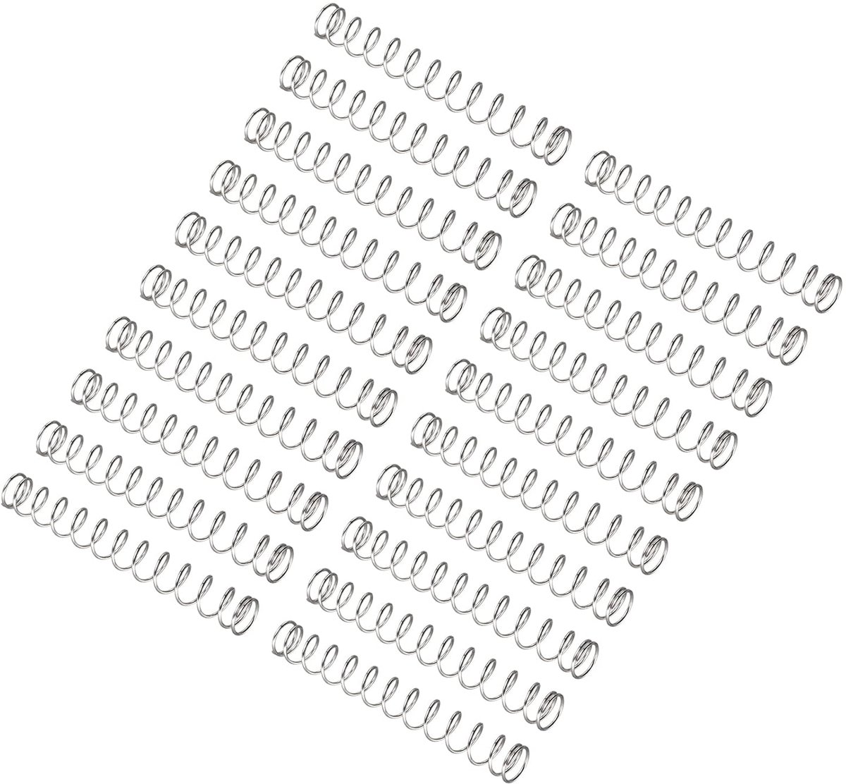 Kleine drukveer, 20 stuks, veerstaal, trekveer voor huishoudelijke toepassingen, zilverkleurig, 0,5 mm draaddiameter, 5,5 mm buitendiameter, 42 mm vrije lengte