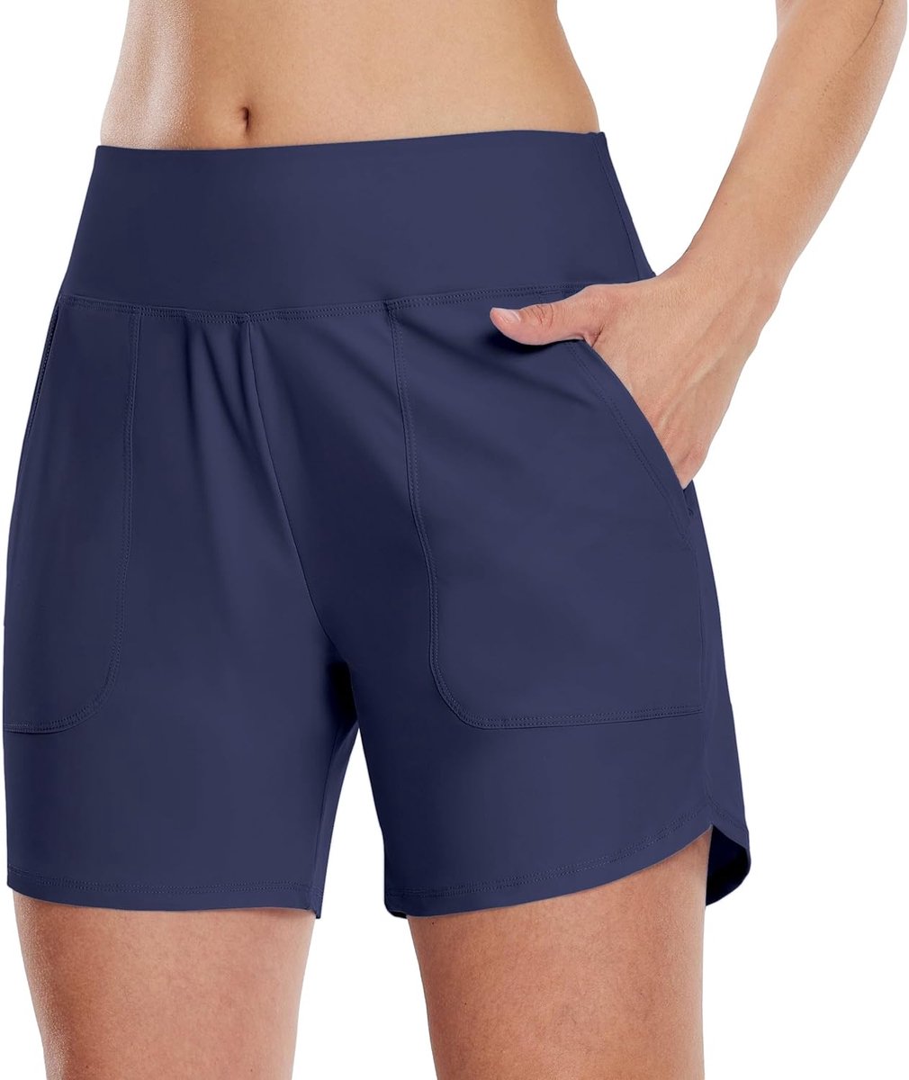 Zwemshort voor dames, 12,7 cm, sneldrogend, UPF 50+, hoge taille, buikcontrole, strandshorts met zakken
