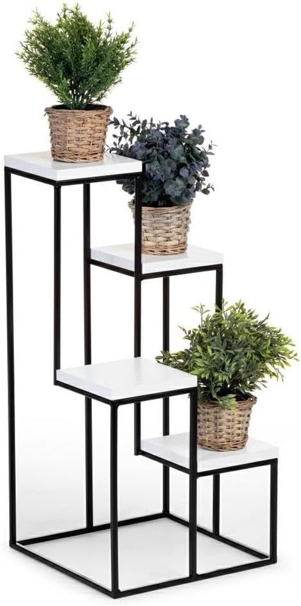 Bloementrap met 4 etages, metalen plantentrap, 70 cm hoog, bloemenrek met MDF-platen in wit voor 4 bloemen, bloemenstandaard voor binnendecoratie