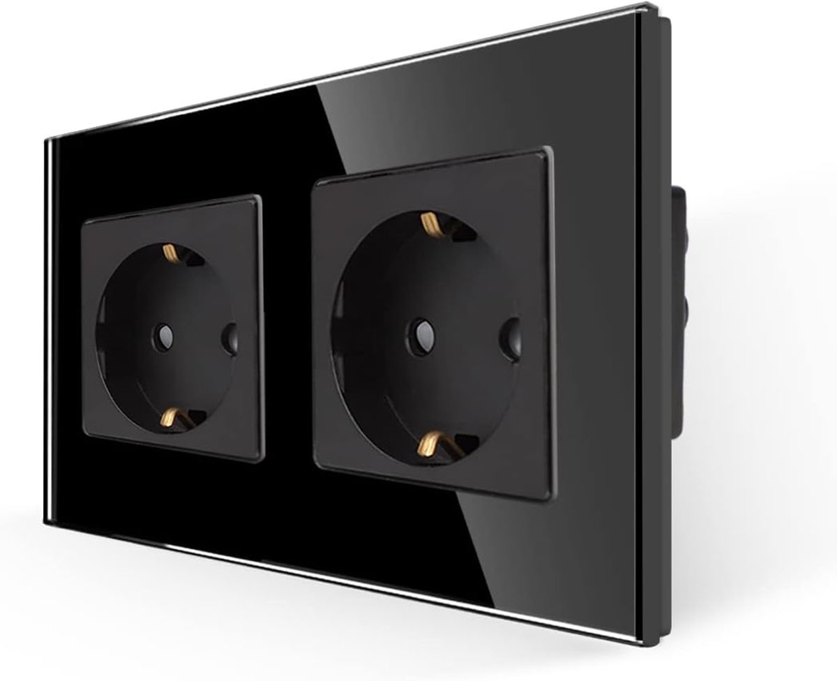 dubbel stopcontact in zwart, 16Amp glas Schuko stopcontacten inbouw geaard stopcontact - 157 * 86mm, 250V, 2 compartimenten