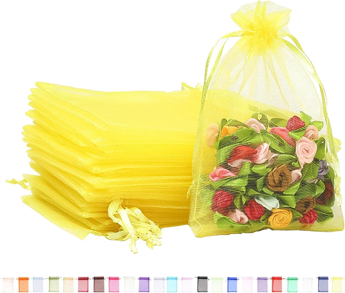 100 stuks gele organza-geschenkzakjes, 9 x 12 cm, kleine organza-geschenkzakjes met trekkoord, voor bruiloft, snoep, sieraden, kerstcadeaus, verjaardagsfeestjes