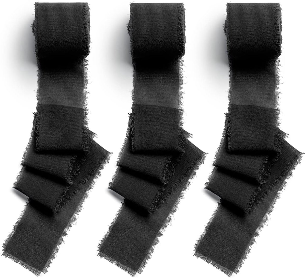 38 mm x 6 m cadeaulint, 3 rollen, zwart, chiffon, festivallinten voor geschenkverpakking, bruiloft, boeket | Chiffonlint met franjes, 38 mm x 6,3 meter, zijden lint voor geschenken, naaien, linten, boeketten en bruiloften
