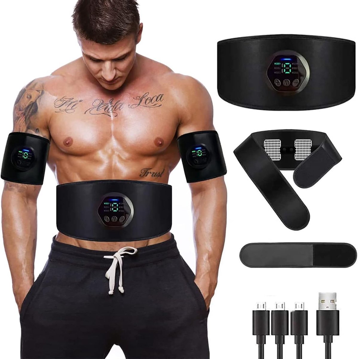 Elektrische stimulator, buikspiertrainer, EMS-stimulator, geen gel, USB-oplader, voor dames en heren, training, voor buik/arm/benen