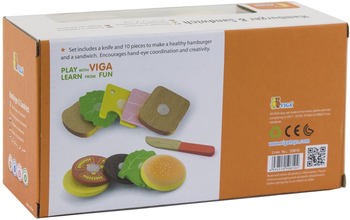 New Classic Toys Viga Toys - Speelgoedeten en -drinken - Sandwich en Hamburget Set — afbeelding 7