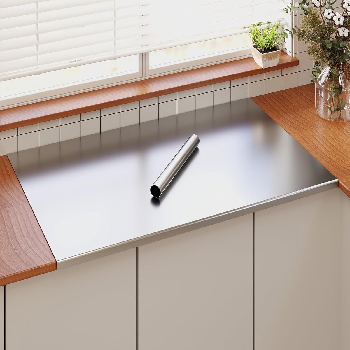 uyoyous Roestvrijstalen snijplank 80 x 50 cm grote werkbladbescherming met lip en deegroller deegroller voor het kneden van brood, vlees, groenten, groenten, effectiviteit in elke keuken