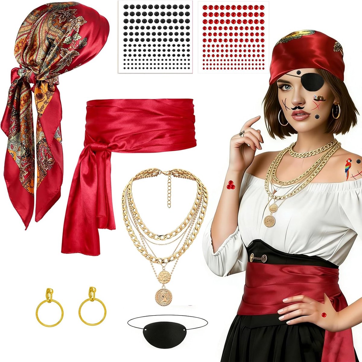 Piratenkostuum voor dames, accessoires met piraten-tatoeages, rode doek, piratensieraden, dames set, verstelbare piratenaccessoires voor Halloween, carnaval en middeleeuwse feesten.